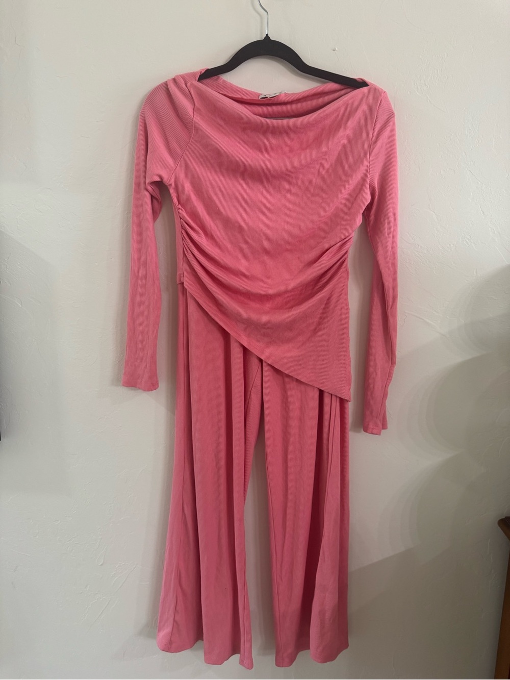 HYFVE Ribbed 2 Piece Lounge Set Pink Asymmetrical Ruched Top Wide Leg Pants S